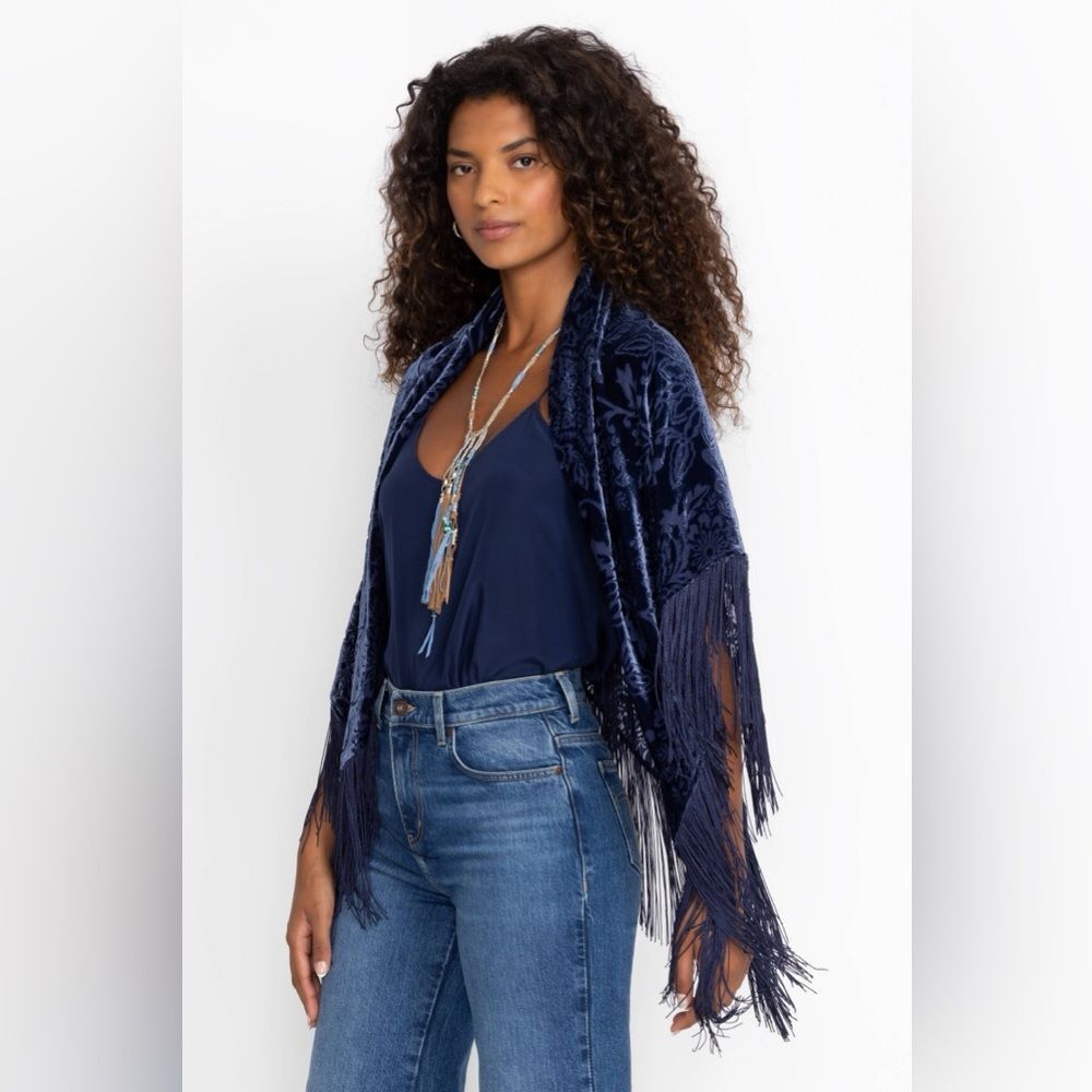 Navy Blue Silk Velvet Burnout Wrap Shawl Fringe Boho Western Party - Picture 11 of 14
